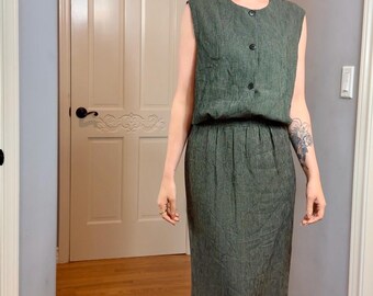 Vintage Green & Black Checkered Skirt Set: Button Vest, Size Small