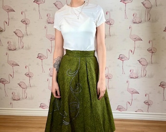 Vintage Handmade 1950s Style Forest Green Wool A-Line Skirt w/ Embroidery Detail