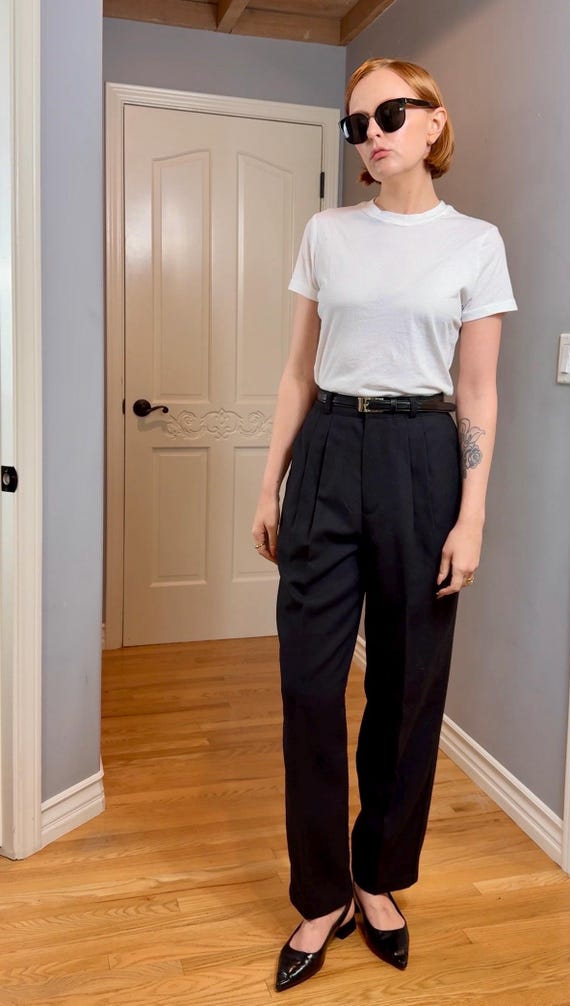 Vintage Briggs Black Double Pleated Tapered Belted Trousers Dress
