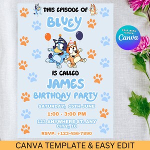 Bluey Birthday Party Invitation: Editable Puppy Theme (Canva Template)