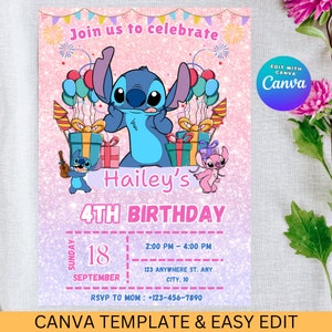 Stitch Editable Birthday Invitation Template, Printable Birthday Party Invitations, Digital Kids Party Invite, Digital Bday Invite Card