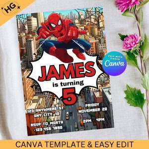 スパイダーマン招待状、スパイダーマン男の子誕生日パーティーデジタル招待状、子供の誕生日カード、デジタルダウンロード、編集可能なCanvaテンプレート