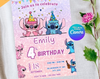 Editable Stitch Birthday Invitation Template, Canva Edit (Digital Download)