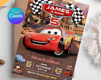 Cars Birthday Invitation, Birthday Invitation, Lightning McQueen Invitation, Kids Birthday Invitation, Digital Invitation, Canva Editable