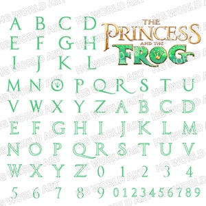 May include: Green alphabet letters and numbers on a white background. The letters are outlined in black and have a slightly rounded font. The numbers are also outlined in black and have a slightly rounded font. The letters and numbers are arranged in rows and columns. The words "The Princess and the Frog" are written in a stylized font in the center of the image.