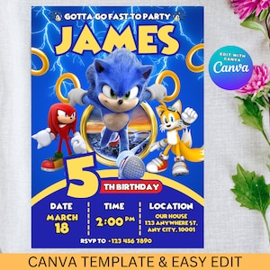 Sonic verjaardagsuitnodiging, Super Hedgehog Boys-feestuitnodiging, Super Sonic-feestuitnodiging, bewerkbare Sonic-uitnodigingssjabloon, Canva-sjabloon