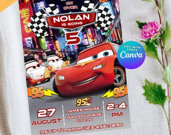 Lightning McQueen Birthday Invitation, Cars Theme (Canva Editable)