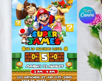 Mario Bros Birthday Invitation, Editable Canva Template (5x7)
