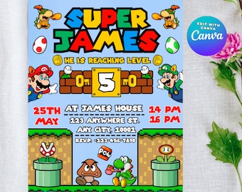 Verjaardagsuitnodiging Super Mario: bewerkbare videogame-uitnodiging (canvasjabloon)