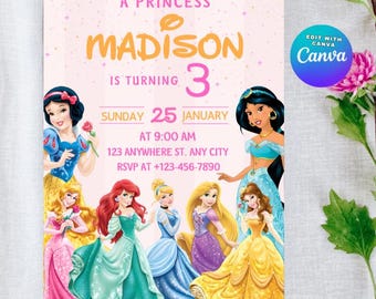 Princess Birthday Four-ever Invitation Princess Invitation Princess Party Invitation Girl Princess Invite Gold Pink EDITABLE Instant Digital
