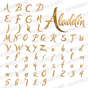 May include: A gold-colored alphabet with a cursive font. The letters are arranged in alphabetical order. The word "Aladdin" is written in a larger font size and is also gold-colored.