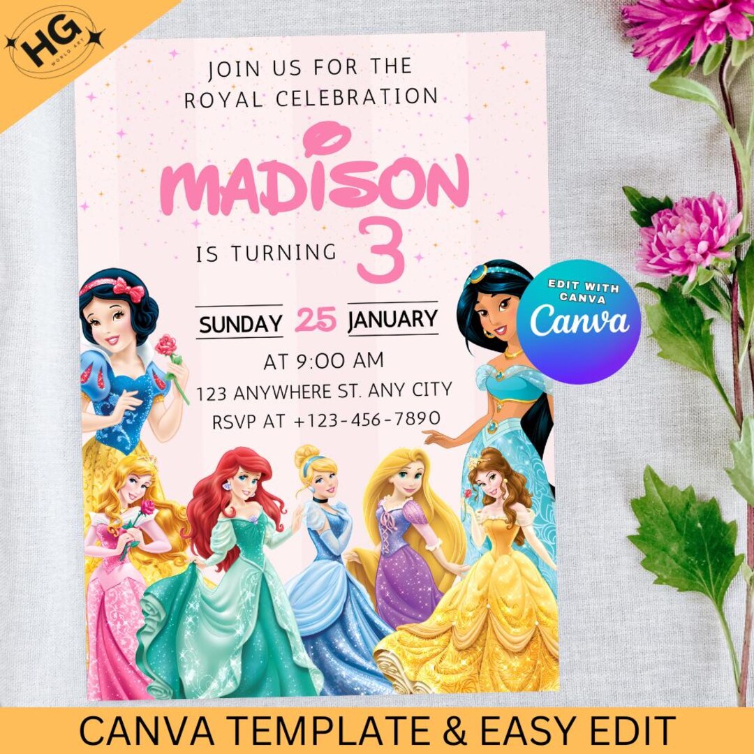 Princess Birthday Invitation, Editable Girl Princesses Theme (digital ...