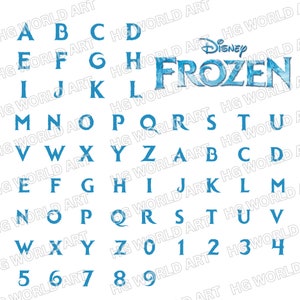 Può includere: Un alfabeto blu con numeri e la parola "Frozen" in un carattere blu ghiacciato con il logo Disney sopra.