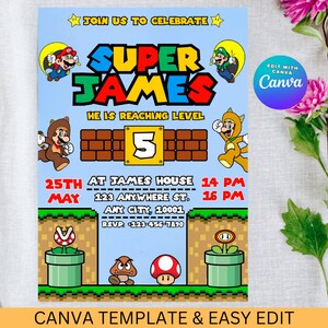 Super Mario Birthday Invitation: Editable Video Game Invite (Canva Template)