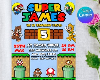 Verjaardagsuitnodiging Super Mario: bewerkbare videogame-uitnodiging (canvasjabloon)