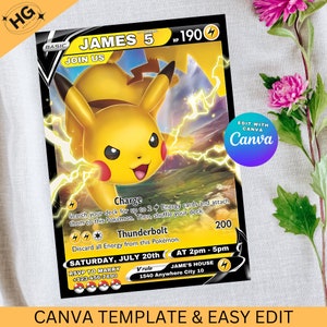 Pikachu-kaart Verjaardagsuitnodiging met afbeelding foto afdrukbare bewerkbare sjabloon Digitale of gedrukte uitnodiging verjaardagsuitnodiging jongen