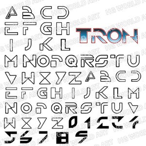 Könnte beinhalten: Eine schwarz-weiße Schriftart im futuristischen Stil. Die Buchstaben sind schwarz umrandet und haben ein kühnes, geometrisches Design. Das Wort "TRON" ist ebenfalls im Bild enthalten, mit einem Farbverlauf in Blau und Rot.