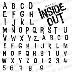 May include: Black and white alphabet letters and numbers from A to Z and 0 to 9. The letters are in a bold, blocky font. The word "Inside Out" is in the centre of the image, with the Disney Pixar logo above it.
