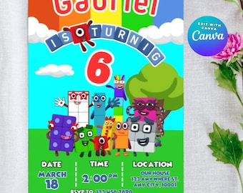 Invitation d'anniversaire Numberblocks : invitation à une fête modifiable, 5 x 7 (téléchargement numérique)
