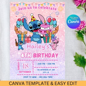 Stitch Editable Birthday Invitation Template, Printable Birthday Party Invitations, Digital Kids Party Invite, Digital Bday Invite Card