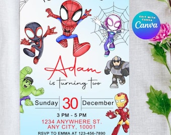 Watercolor Spidey and Friends Birthday Invitation | Superhero Canva Template (Digital Download)