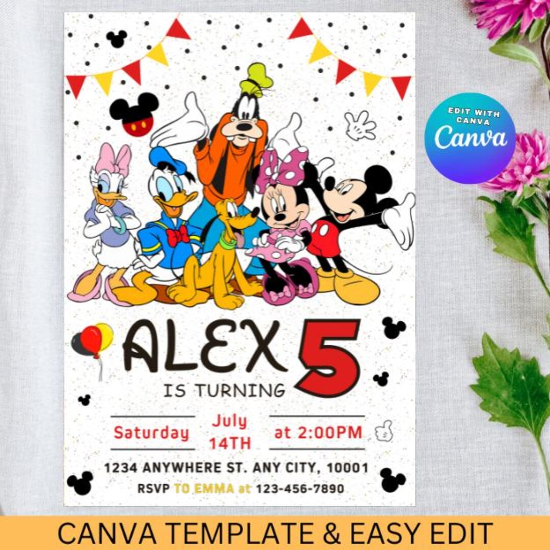 Mickey Mouse Birthday Invitation: Editable Canva Evite (5x7 Digital ...