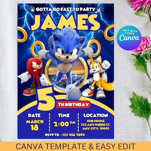 Sonic verjaardagsuitnodiging, Super Hedgehog Boys-feestuitnodiging, Super Sonic-feestuitnodiging, bewerkbare Sonic-uitnodigingssjabloon, Canva-sjabloon