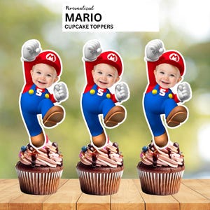 Adornos para cupcakes de SUPER MARIO: caras personalizadas para una decoración divertida y personalizada para fiestas.