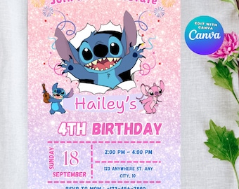 Stitch Birthday Invitation Template: Editable Canva Party Invite (5x7 inches) (Digital Download)
