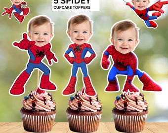 Adornos para cupcakes personalizados de Spidey Face - Descarga digital