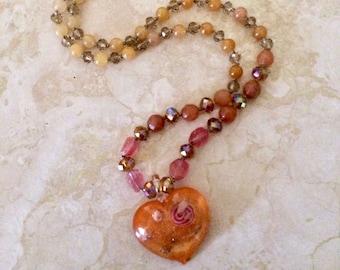 Gemstone and Crystal Knotted Bead Necklace with Lampwork Heart- Color Gradation 24-inch Necklace - Item 1670