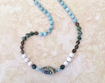 Hand-knotted Mixed Bead Necklace 20-inch Length with Lampwork Flower Bead, Gemstones, and Glass Beads