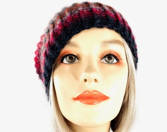 Chunky Hand Knit Hat  -  Unisex Ribbed Striped Hat Size Med/Lg in Red, Rust & Grey Wool - Item 1272c