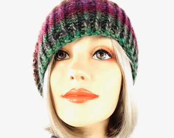 Warm Hand Knit Chunky Hat  -  Slouchy Wool Hat Striped in Plums and Greens - Size Adult Sm/Med