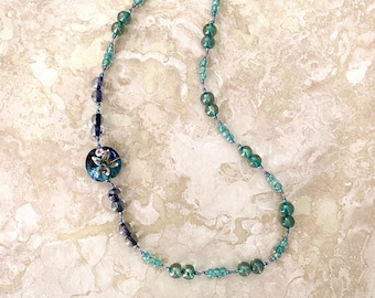 Starfish Necklace - Knotted Bubble Bead Choker in Sea Green and Blue Transparent Glass - 15 or 16 Inches Long