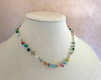 Beach Chi - Mixed Glass Necklace with Silver Accents and Occasional Gemstones Hand-Knotted in 18- or 24-inch Length