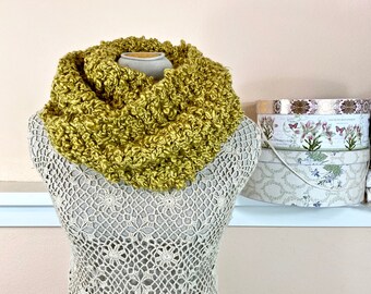 Warm Vegan Cowl, Chunky Hand Knit Infinity Scarf in Golden Green