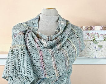 Romantic Handknit Shawl - Long, Rustic-Style Shawl of Luxury Fibers in Pale Blue with Pastel Accents - Item 1573