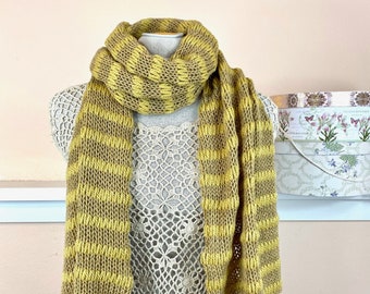 Knit Shawl or Scarf in Alpaca, Wool, Silk and Cashmere in Pear/Dijon Yellow