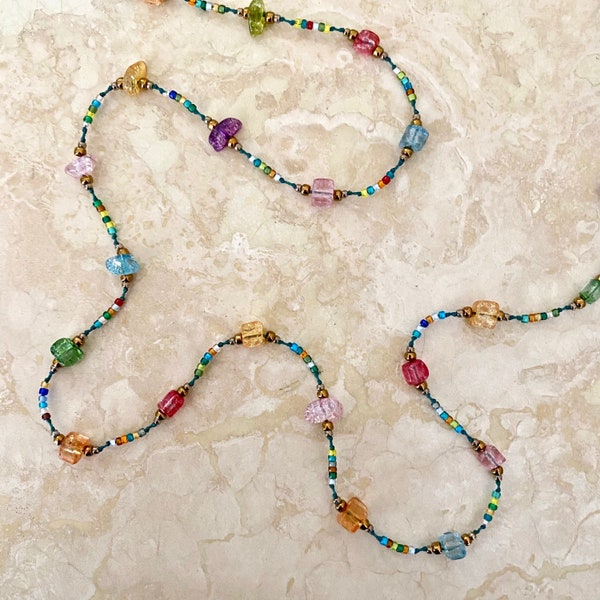 Long Seed Bead and Glass Nugget Necklace - “K(not) Rock Candy” Hand-Knotted Necklace - 32 inches