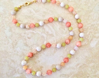 Gemstone Necklace in Sherbet Colors - 20-inch Necklace of Quartz, Jade, Serpentine & Riverstone Beads - Item 1693