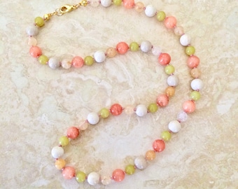 Sherbet Gemstone Necklace: Quartz, Jade, Serpentine & Riverstone Beads - 20"