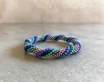 Bead Crochet Rope Bangle, Spiral Design in Periwinkle, Pink, Navy, Silver Grey and Sea Green - Item 1545