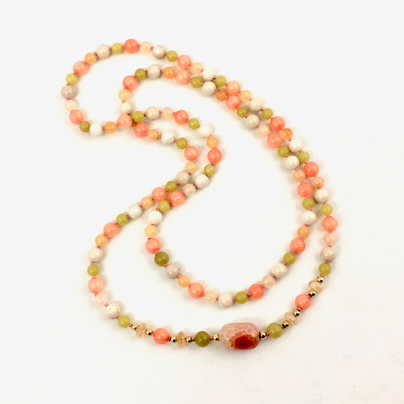 Jade Serpentine Citrine /& Carnelian Riverstone Handknotted 39-inch Rope of Quartz Item 1701 Long Gemstone Necklace in Sherbet Colors