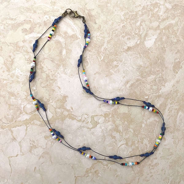 Minimalist Multicolor Choker with Clustered Hand-knotted Seed Beads - "Regatta"