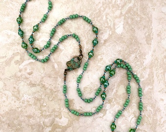 Sea Green Long Knotted Seed Bead Necklace with Fish Clasp