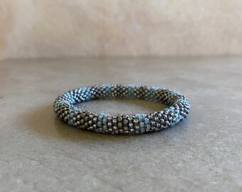 Bead Crochet Bangle - Slender Bead Bangle in Aqua Grey and Silvery Bands