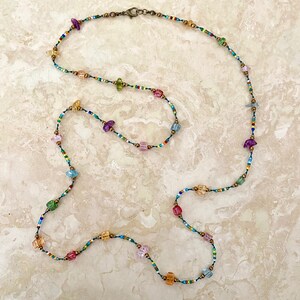 Long Seed Bead and Glass Nugget Necklace Knot Rock Candy Hand-Knotted Necklace 32 inches image 2