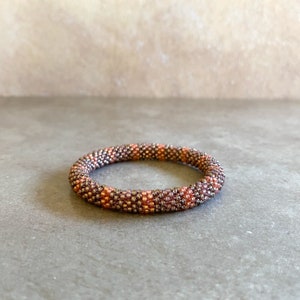 Handmade Bead Crochet Bangle: Peachy Stripes Seed Bead Bracelet