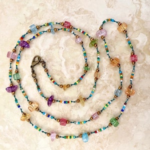 Long Seed Bead and Glass Nugget Necklace Knot Rock Candy Hand-Knotted Necklace 32 inches image 5